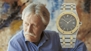 Gerald Genta blaues Hemd auf der rechten Seite Audemars Piguet Royal Oak 33 mm Stahl Gold vintage freigestellt