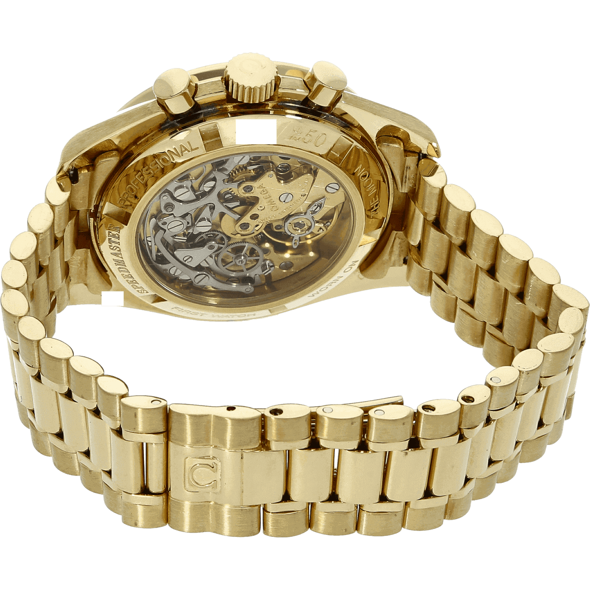 OMEGA Speedmaster Moonwatch gebraucht GOLD Band mit Omega Schließe und Sicht auf den Gehäuseboden