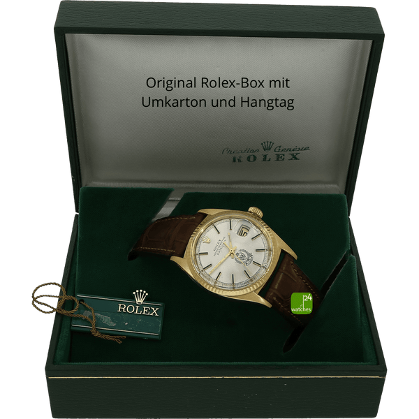 Rolex Date Just 36 mm Gold Bahrain liegend in der Original Box mit Hangtag