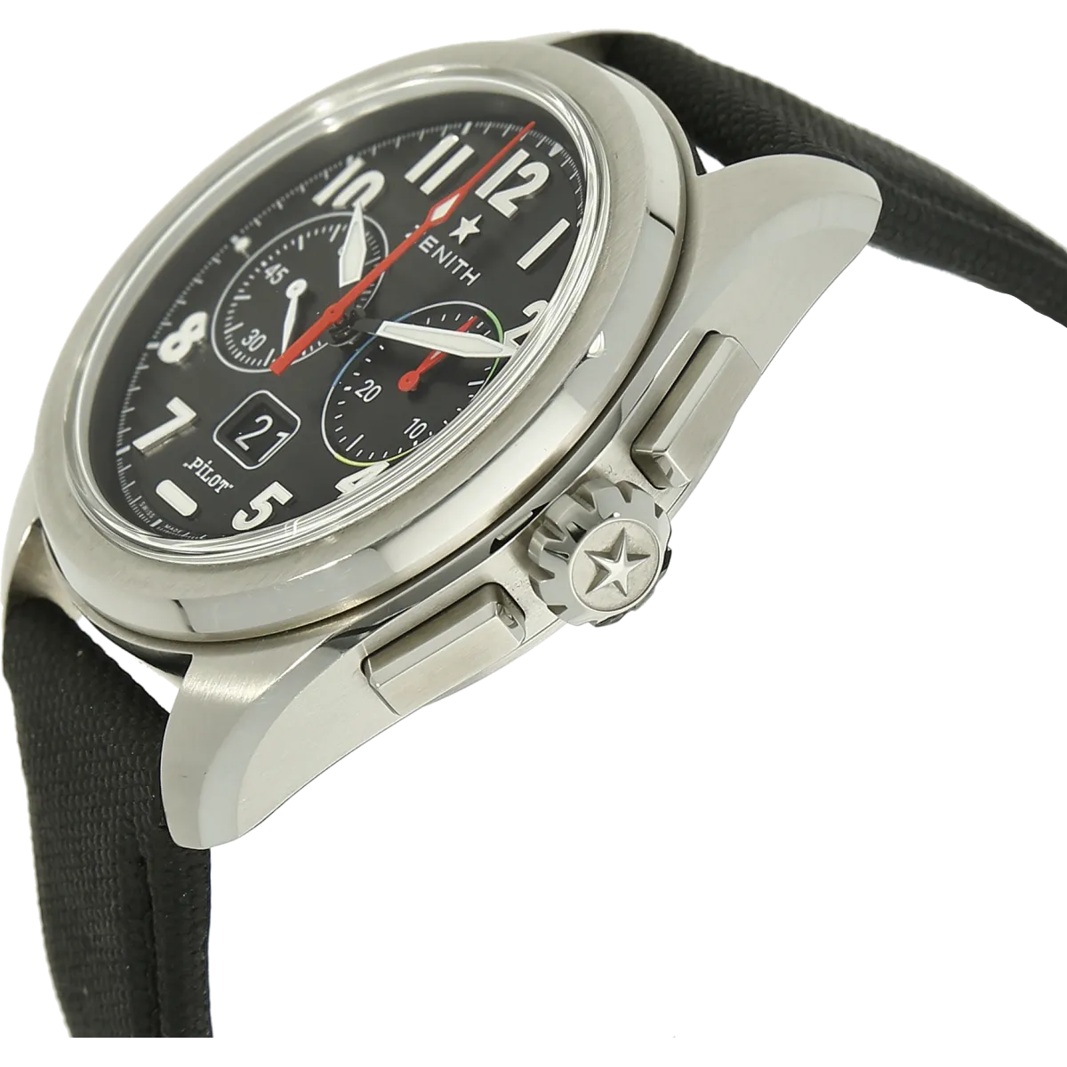 Zenith Pilot Flyback Big Date von der Seite mit Krone bei 3 Uhr