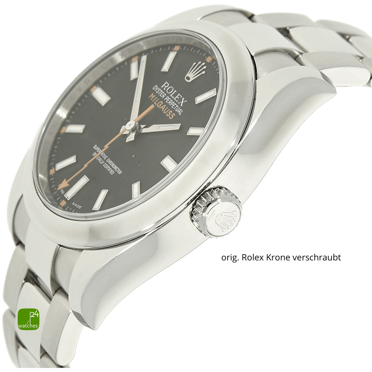 Rolex Milgauss von der Kronenseite mit makellosen Flanken