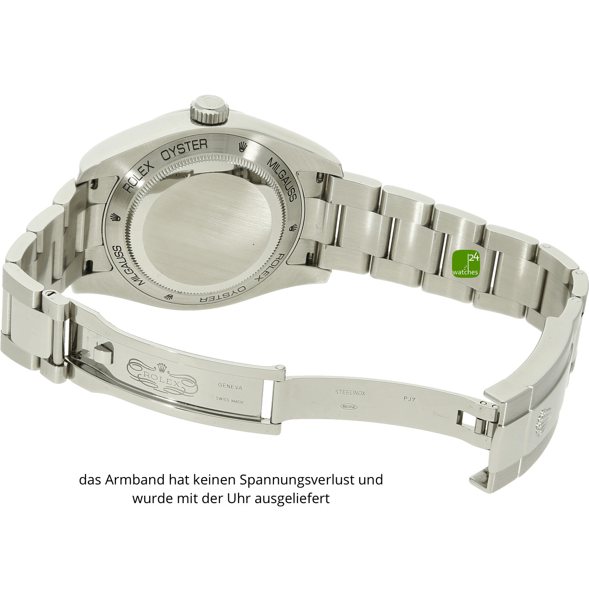 Rolex Milgauss mit offener Schliesse von hinten wo der makellose Zustand dokumentiert wird