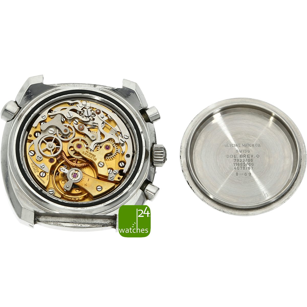 Glycine Airman Chronograph gebraucht Uhrenboden Deckel daneben liegend mit Blick auf das Uhrwerk
