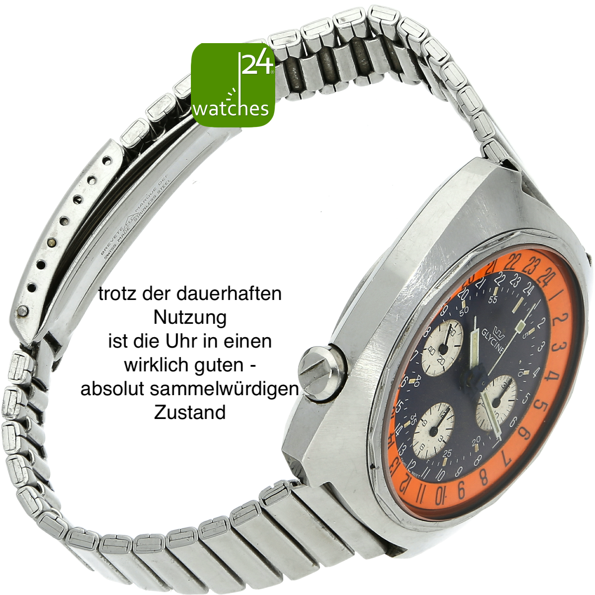 Glycine Airman Chronograph gebraucht von oben auf die Flankenseite 9 Uhr mit Band