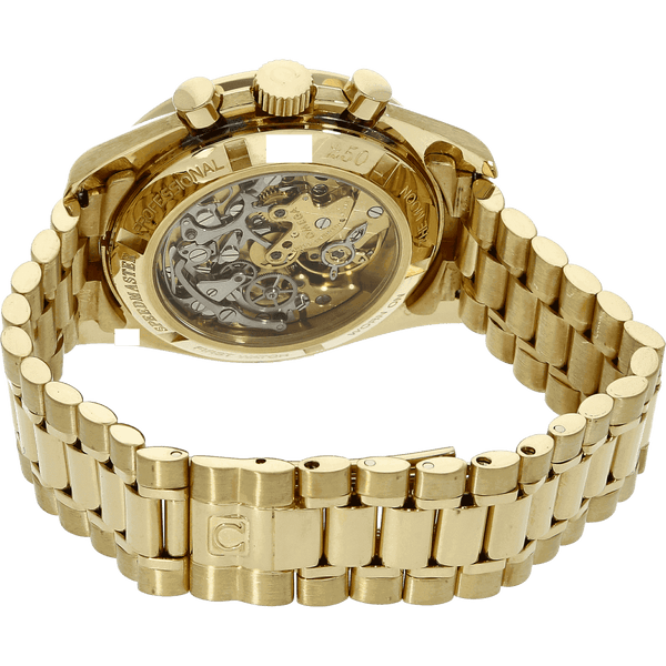 OMEGA Speedmaster Moonwatch gebraucht GOLD Band mit Omega Schließe und Sicht auf den Gehäuseboden