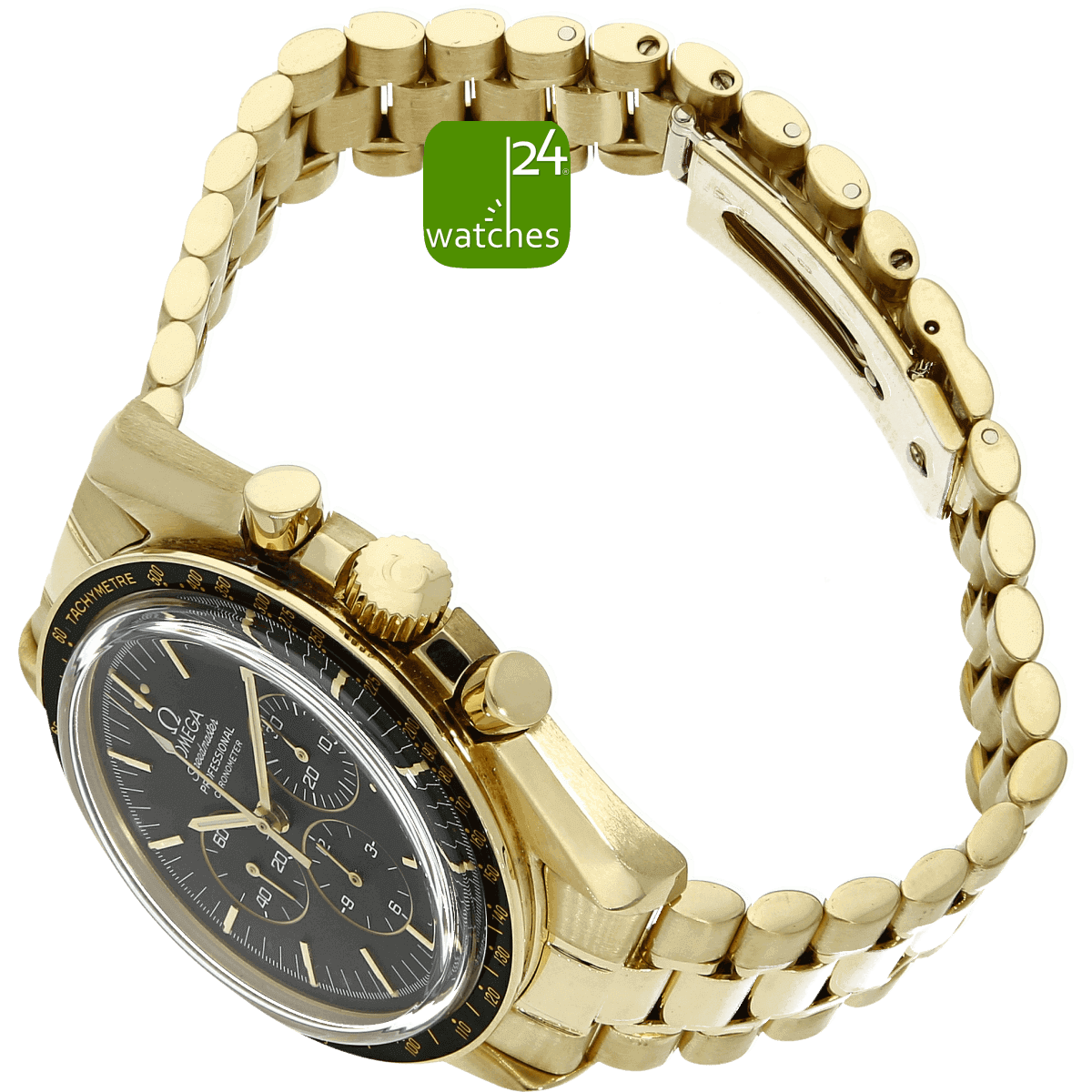 OMEGA Speedmaster Moonwatch gebraucht GOLD von oben mit Flanke Krone und Band