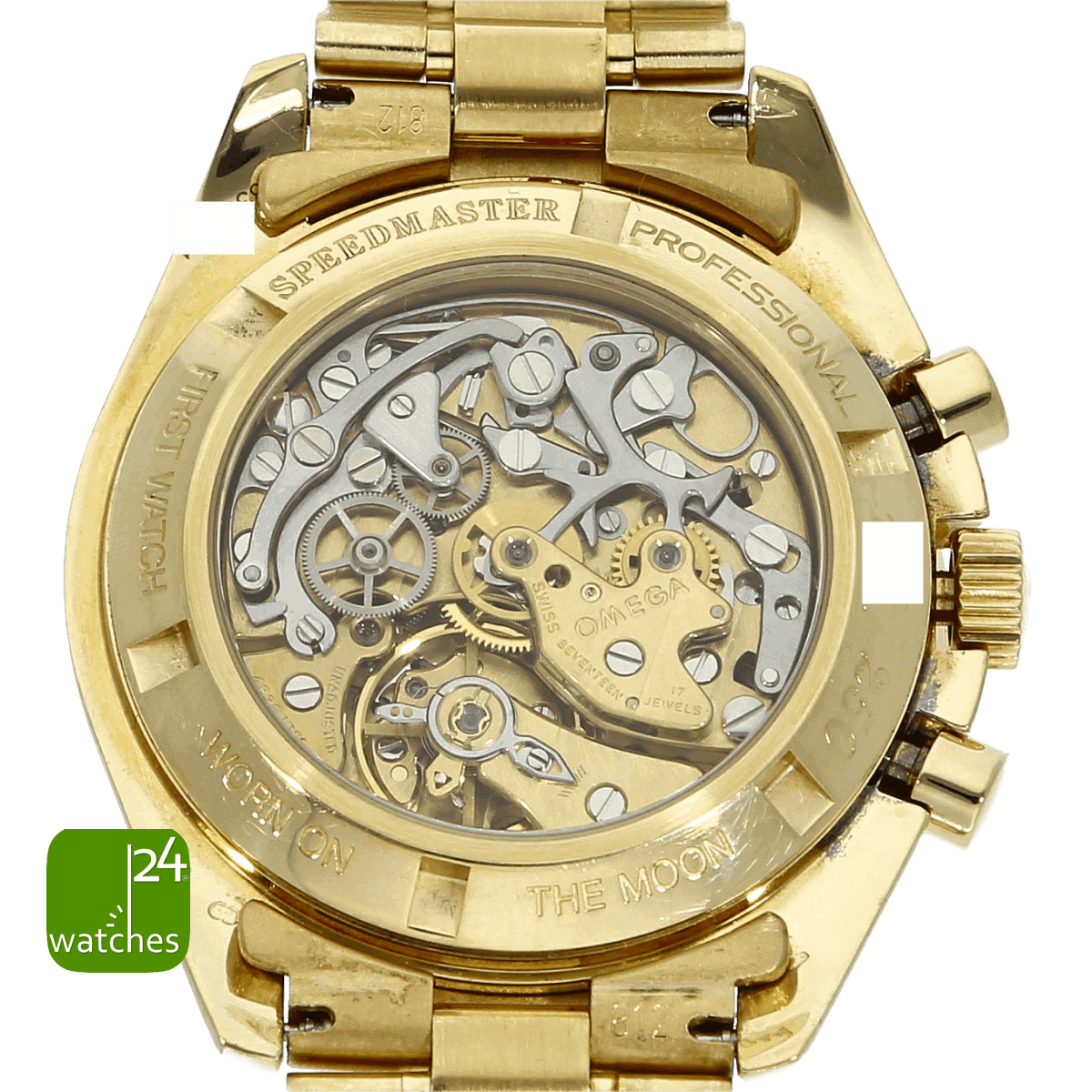 OMEGA Speedmaster Moonwatch gebraucht GOLD Nahaufnahme des Gehäusebodens 