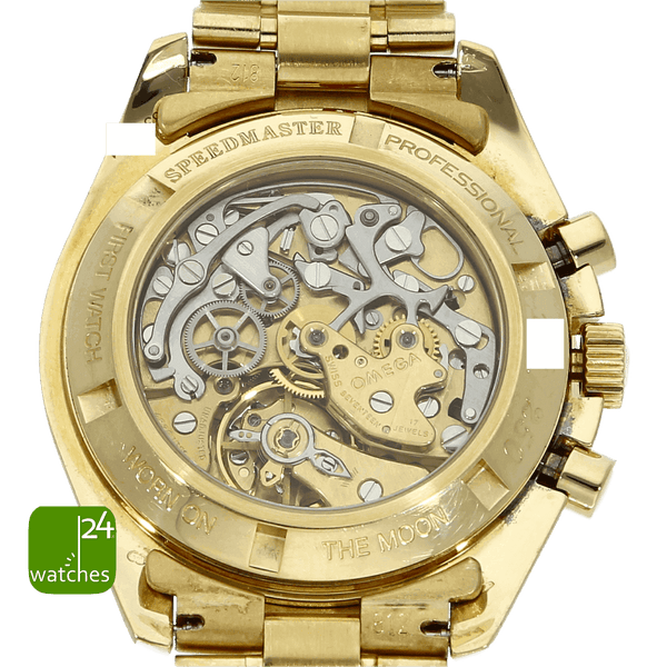 OMEGA Speedmaster Moonwatch gebraucht GOLD Nahaufnahme des Gehäusebodens 