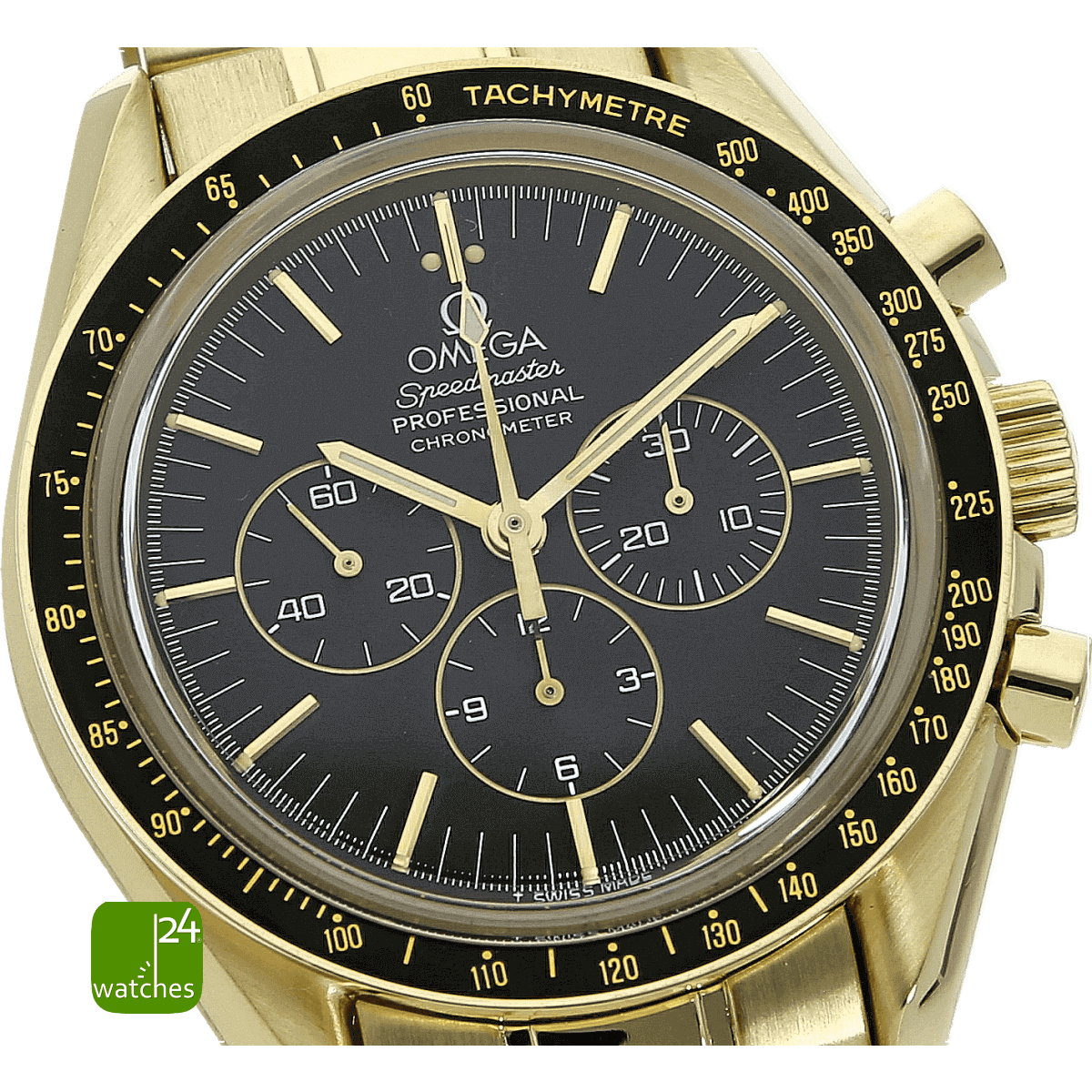 OMEGA Speedmaster Moonwatch gebraucht in GOLD Nahaufnahme Zifferblatt