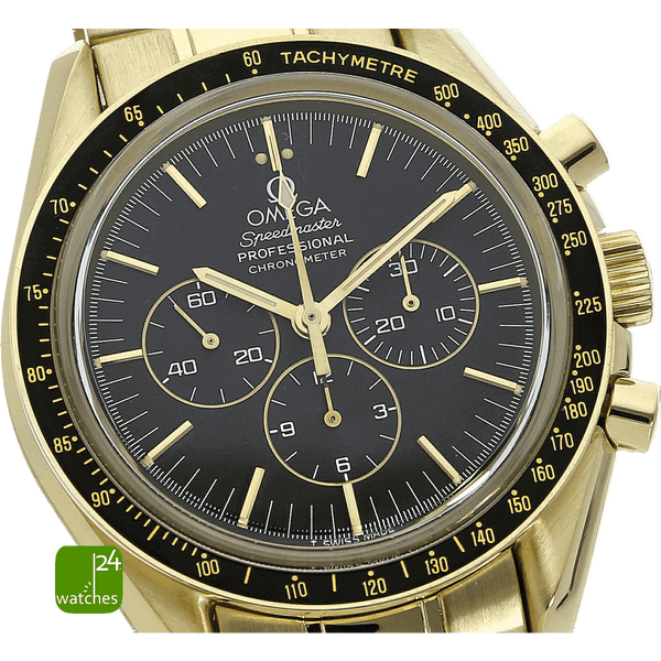 OMEGA Speedmaster Moonwatch gebraucht in GOLD Nahaufnahme Zifferblatt