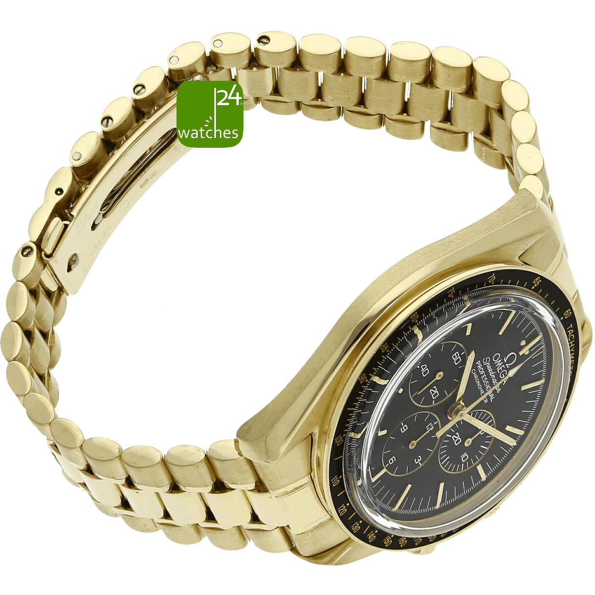 OMEGA Speedmaster Moonwatch gebraucht GOLD von oben mit Flanke 9 Uhr und Band