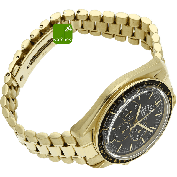 OMEGA Speedmaster Moonwatch gebraucht GOLD von oben mit Flanke 9 Uhr und Band