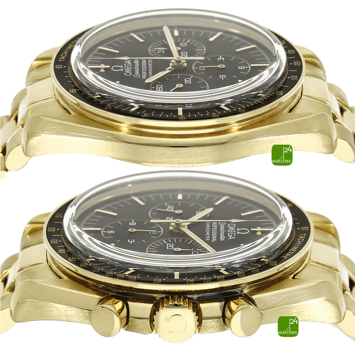 OMEGA Speedmaster Moonwatch in GOLD mit den beiden Flankenseiten
