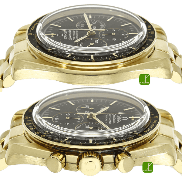 OMEGA Speedmaster Moonwatch in GOLD mit den beiden Flankenseiten