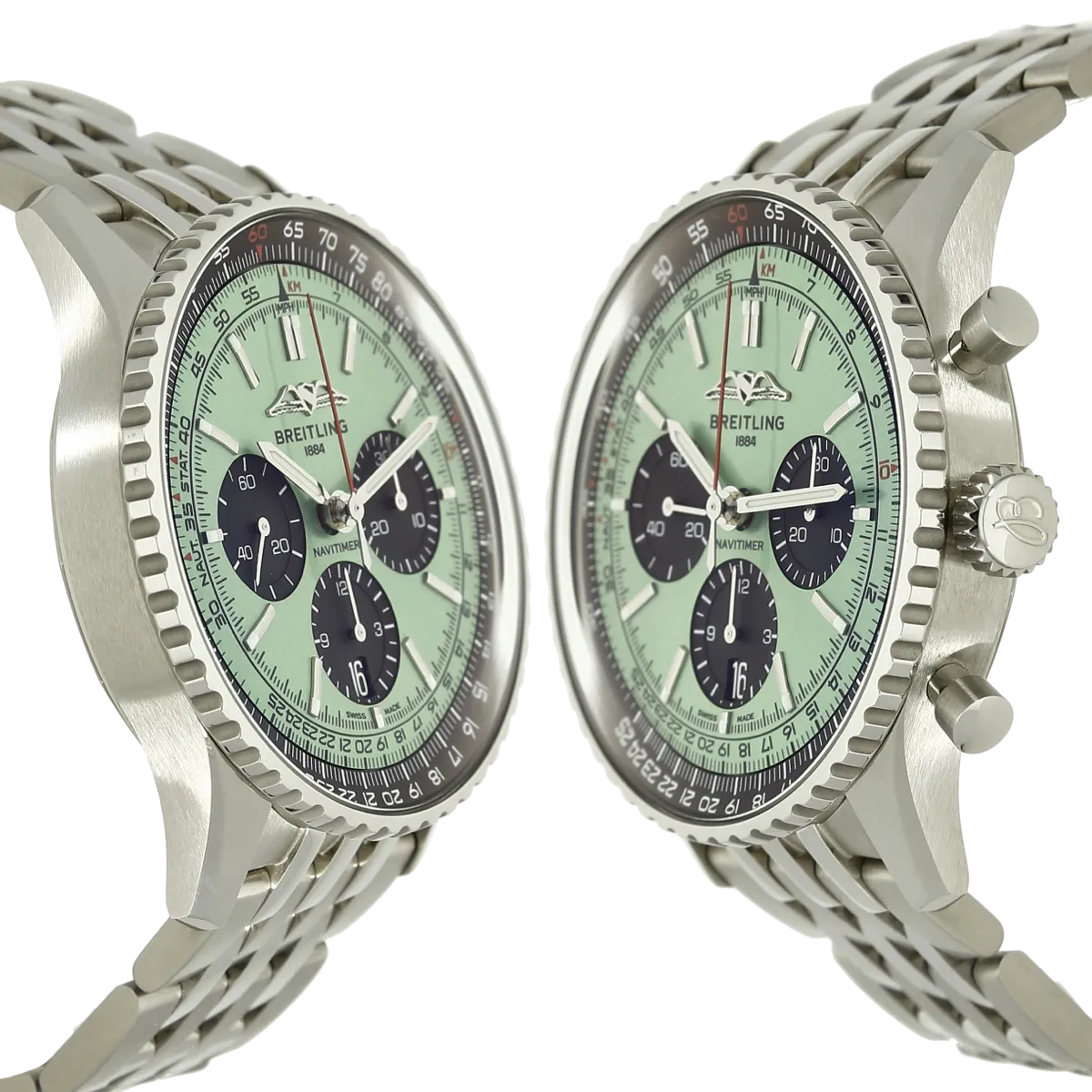 Breitling Navitimer 43 gruen Gehaeuse links rechts 