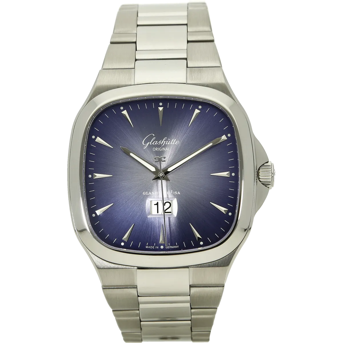 Glashuette Seventies blue big date stehend