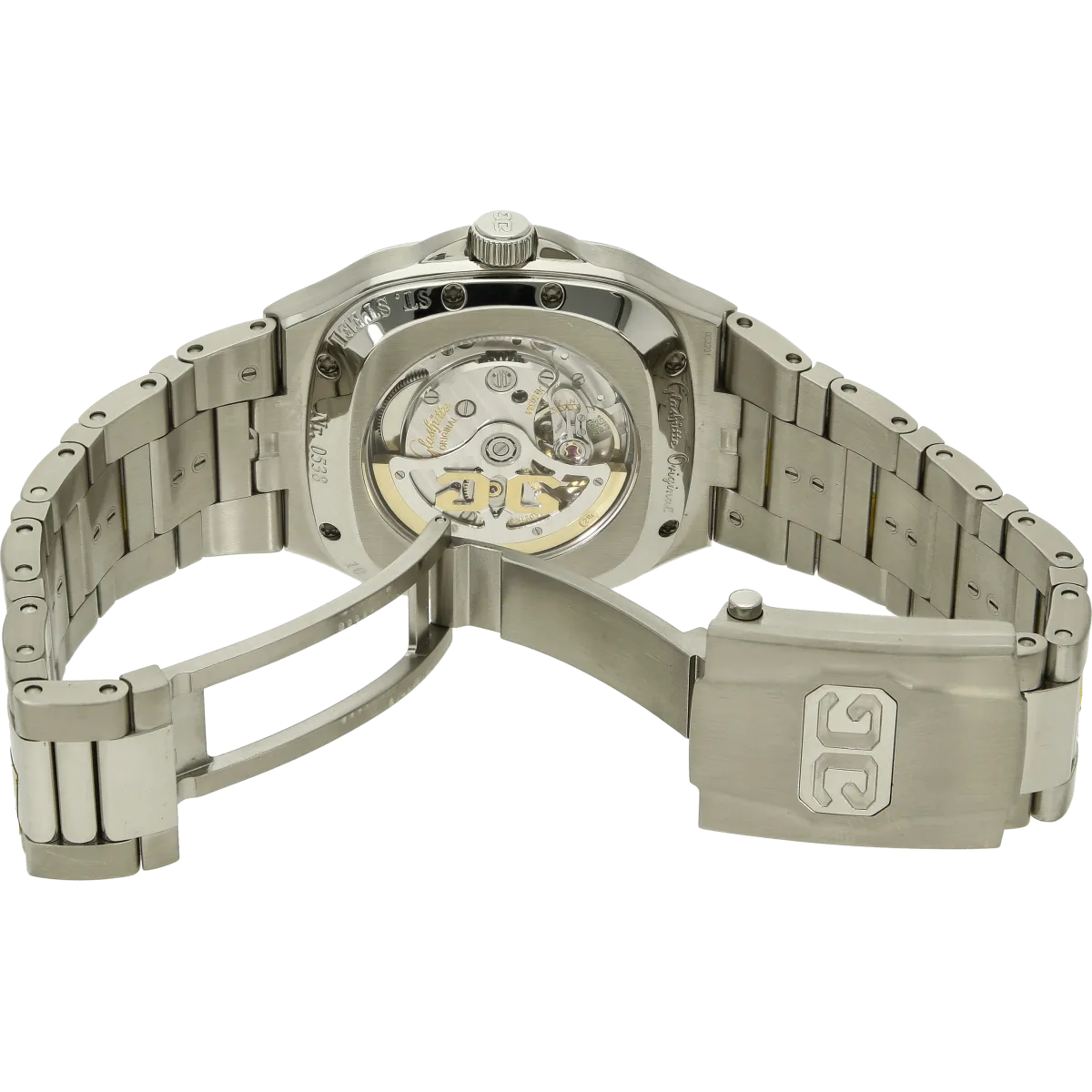 Glashuette Seventies blue big date Schliesse offen 