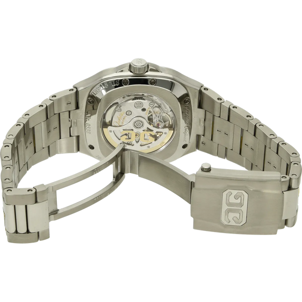 Glashuette Seventies blue big date Schliesse offen 