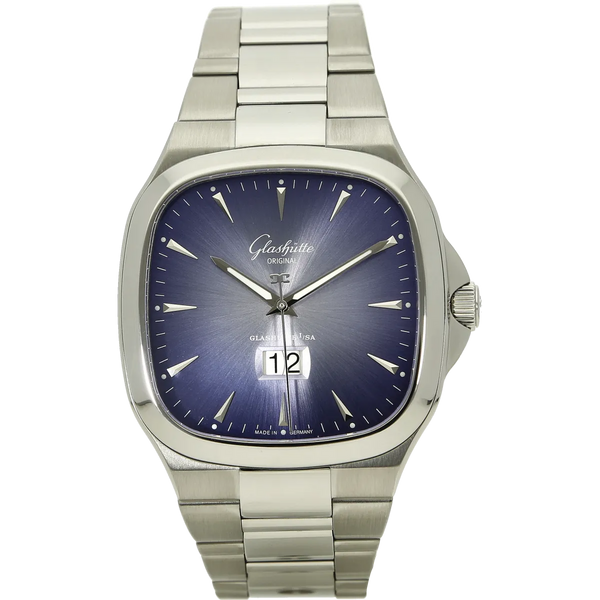 Glashuette Seventies blue big date stehend