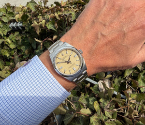 Rolex Oyster Perpetual 36 beige neu am Arm 