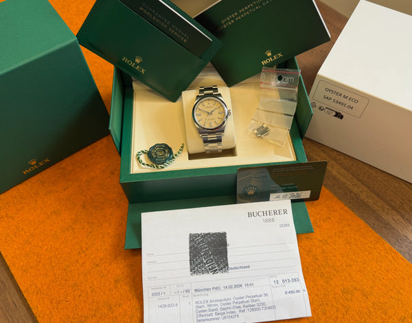 Rolex Oyster Perpetual 36 beige neu mit Papieren 